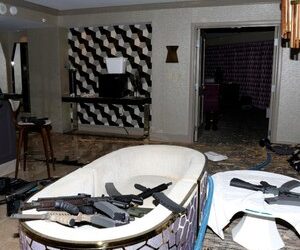This Oct. 2017 file photo shows the interior of Las Vegas shooter Stephen Paddock's 32nd floor room of the Mandalay Bay hotel. 