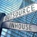 Signpost illustration, two arrows – inhouse, outsource