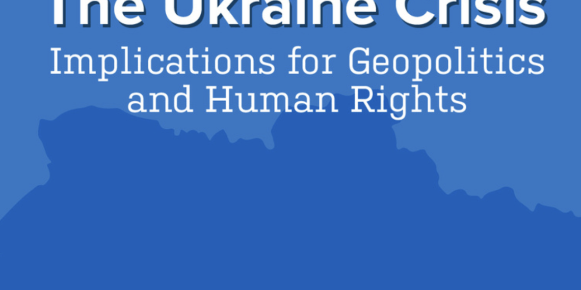 Graphic for the Ukraine Crisis Event, with a light blue background and white text reading, "Virtual Panel Discussion. The Ukraine Crisis. Implications for Geopolitics and Human Rights."