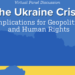 Graphic for the Ukraine Crisis Event, with a light blue background and white text reading, "Virtual Panel Discussion. The Ukraine Crisis. Implications for Geopolitics and Human Rights."