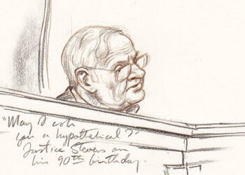 pencil sketch of man behind judicial bench. text reads: "May I ask you a hypothetical, Justice Stevens on his 90th birthday."