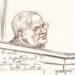 pencil sketch of man behind judicial bench. text reads: "May I ask you a hypothetical, Justice Stevens on his 90th birthday."
