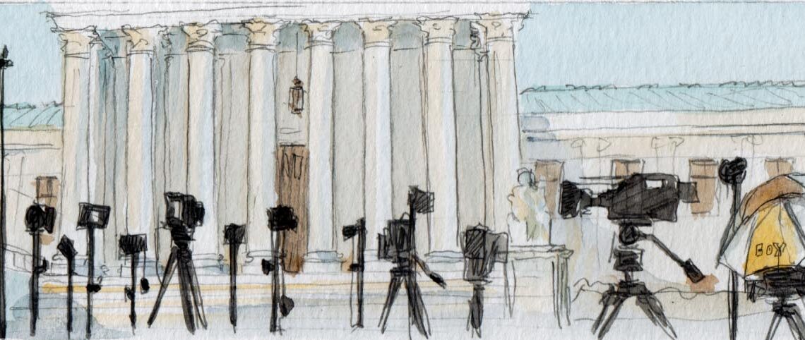 sketch of numerous cameras lined up outside the supreme court