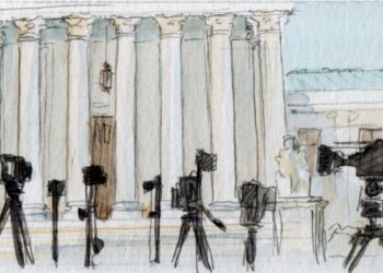 sketch of numerous cameras lined up outside the supreme court
