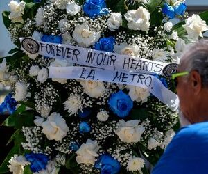A wreath is displayed at a memorial outside El Monte City Hall Wednesday, June 15, 2022, after two police officers were shot and killed Tuesday, at a motel in El Monte, Calif.
