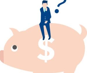 question money businessman thinking,on piggy bank,vector illustration,blue background