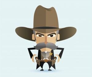 Sheriff character in gunfight Cartoon art of cowboy with hat and guns