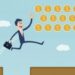 lateral moves businessman jumping over gap and get coins