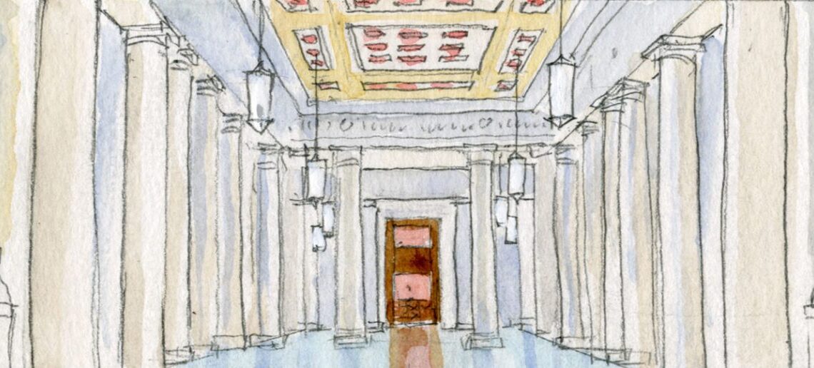 sketch of long empty hallway, flanked on both sides by marble columns and statues