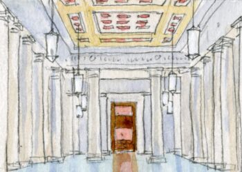 sketch of long empty hallway, flanked on both sides by marble columns and statues