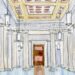 sketch of long empty hallway, flanked on both sides by marble columns and statues