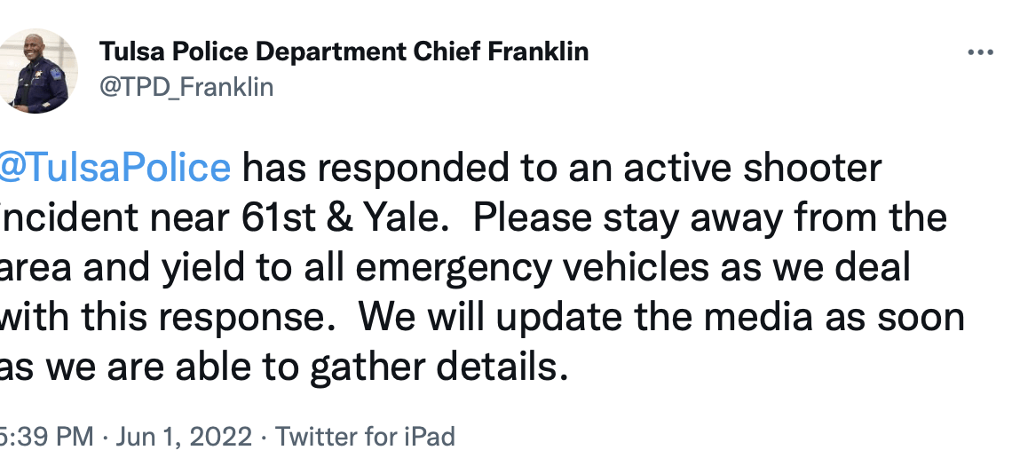 Active Shooter reported at Tulsa Hospital – Law Officer