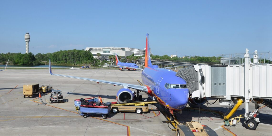 Baggage being loaded onto a Southwest plane on the tarmac