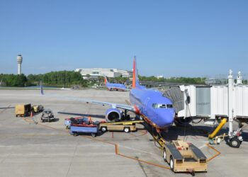 Baggage being loaded onto a Southwest plane on the tarmac