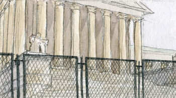 sketch of supreme court with large chain link fence in front