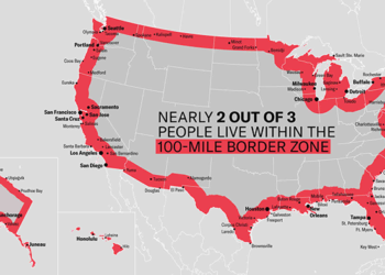Map showing the 100-mile border zone for the United States