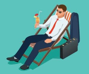 Businessman relaxing on his sun lounger on the beach. Isometric people. Business idea, innovation, development and strategy vector