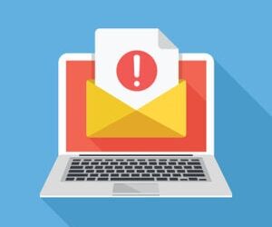 Laptop with envelope and document with exclamation mark on screen. Receive notification, alert message, warning, get e-mail, email, spam concepts. Flat design vector illustration