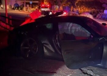 Paul Pelosi's crashed Porsche with airbags deployed.