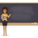Female teacher, professor standing in front of blackboard teaching student in classroom at school, college or university. Flat design people characters. Senior teacher teaching student in classroom