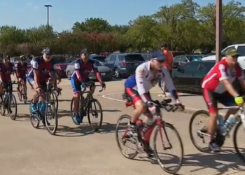 The group of bikers is part of the Texas Brotherhood Riders, whose mission is to never forget their comrades who died in the line of duty. 