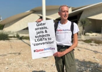 ‘I took the message directly from my contacts in Qatar’ … Tatchell staging his protest in Doha.