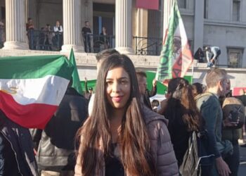 Shohreh Bayat at a protest in London on 1 October.