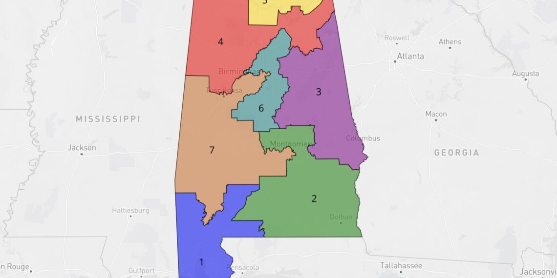 colored map showing Alabama divided into seven districts