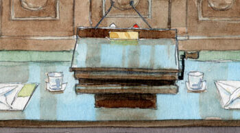 sketch of empty lectern and counsel's table where attorneys argue at supreme court