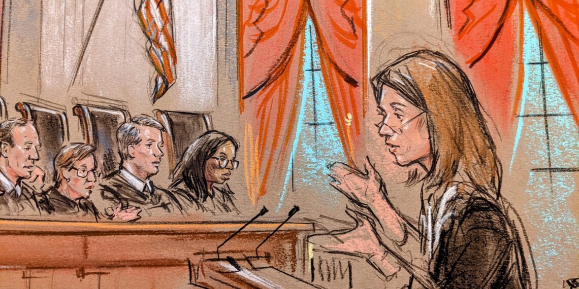sketch of bespectacled woman gesturing with her hands before the lectern, speaking before four pictured justices