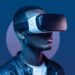 African american man standing at night with VR headset on. Virtual reality concept.