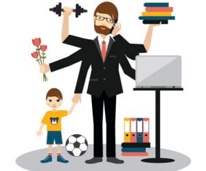 work life balance man parental leaveBusy multitasking man, father, dad, daddy, romantic husband, businessman, worker.
