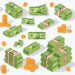 Money currency vector illustration. Various money bills dollar cash paper bank notes and gold coins. Collection of cash heap pile and currency stack vector set.