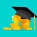 tuition Education and money vector illustration, flat cartoon graduation hat coins cash, concept of scholarship cost or loan, tuition or study fee, value of student knowledge, learning success