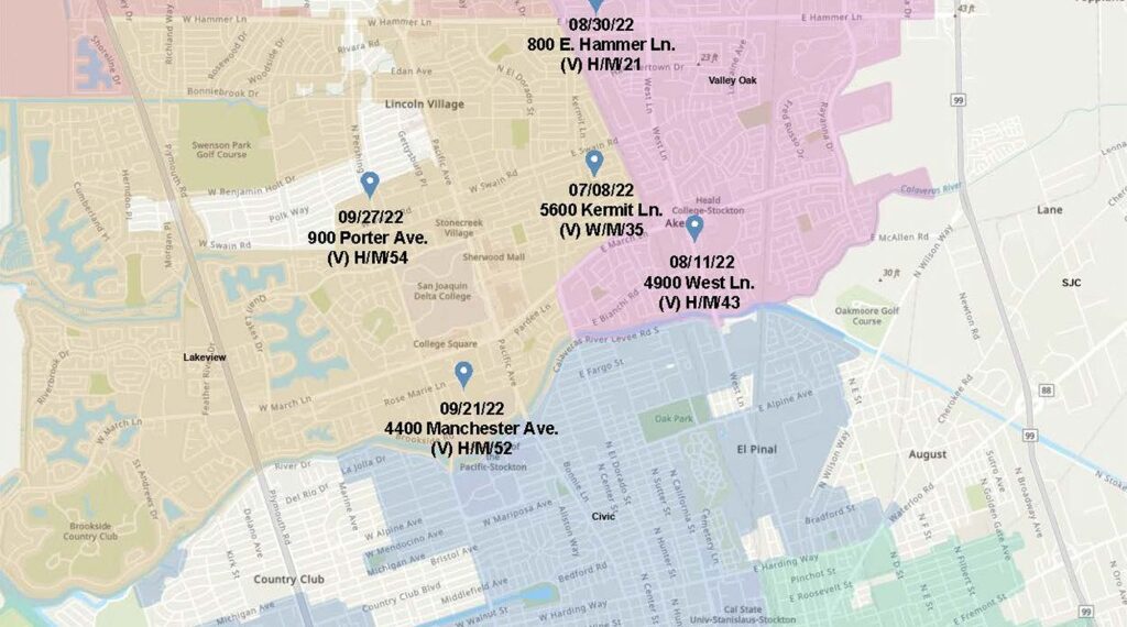 This map shows the dates and locations of the five shootings that took place in Stockton between July 8 and Sept. 27.