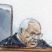 sketch of clarence thomas sitting behind bench and tilting head forward