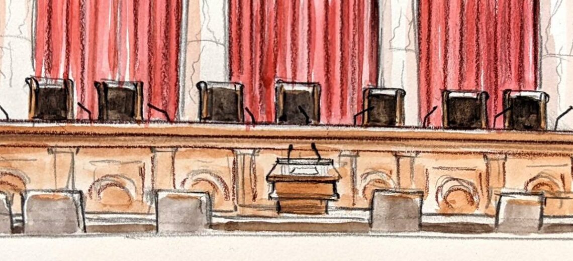 artist's rendering of nine unoccupied chairs behind an empty bench overlooking an empty lectern.
