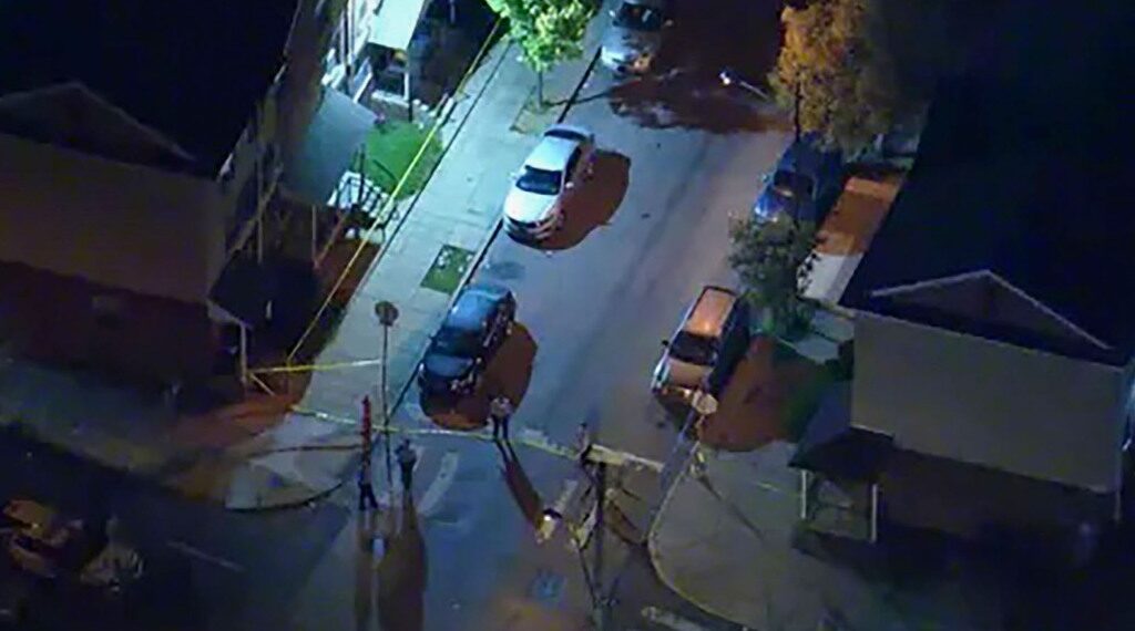 An overhead view of the crime scene in a residential area