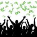 Money falls on crowd people. Cheerful people are happy luck. Dollar rain vector illustration. Reaching a team of people