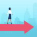 path career choice diverse woman Vector of a business woman walking on a red arrow on a city scape background