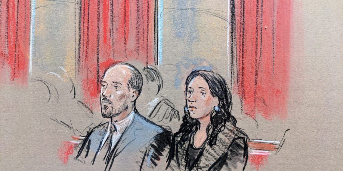 Sketch of man and woman sitting in the courtroom.