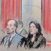Sketch of man and woman sitting in the courtroom.