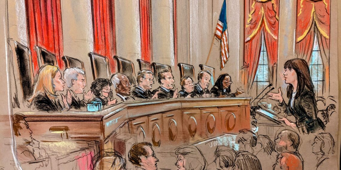 Sketch of a woman with bangs argues before an active bench.