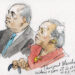 sketch of woman holding cane sitting next to man in suit
