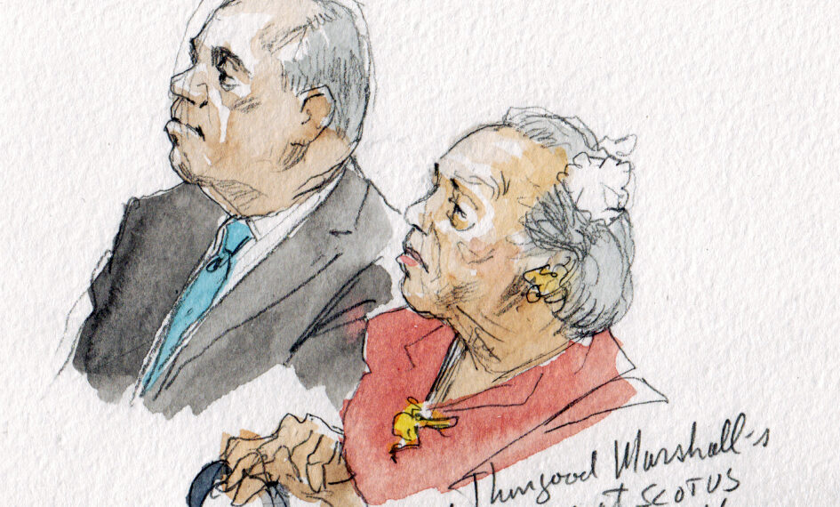 sketch of woman holding cane sitting next to man in suit