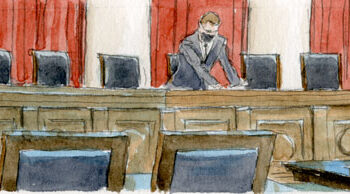 sketch of two clerks in masks organizing papers on the justices' empty bench in supreme court courtroom