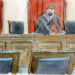 sketch of two clerks in masks organizing papers on the justices' empty bench in supreme court courtroom
