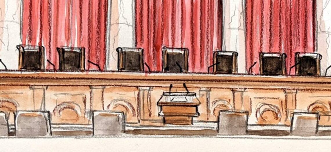 artist's rendering of nine unoccupied chairs behind an empty bench overlooking an empty lectern.