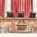 artist's rendering of nine unoccupied chairs behind an empty bench overlooking an empty lectern.