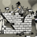 Cartoon of individuals with the rainbow and trans solidarity flags on their clothes using bricks to build a statue of a white dove.